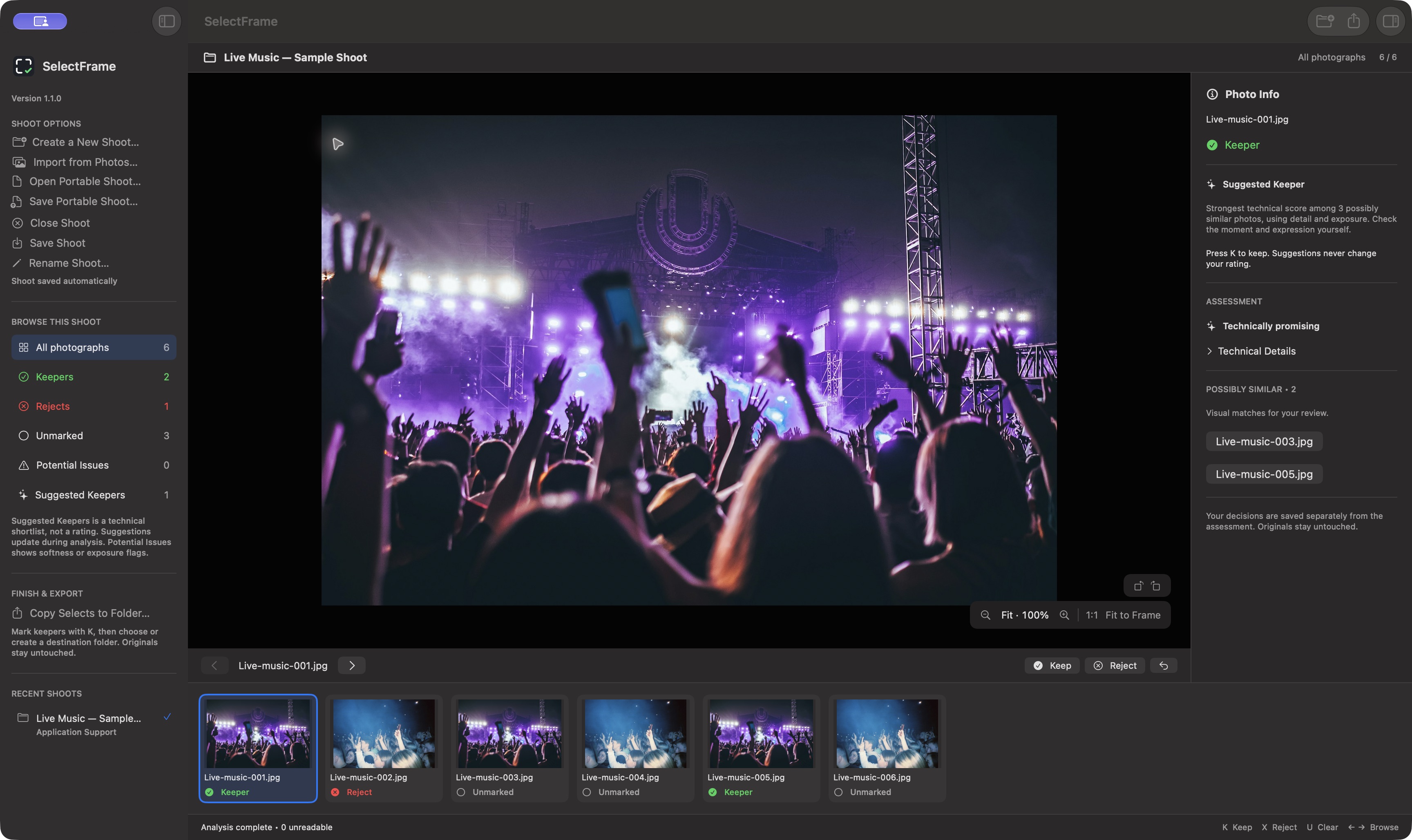 Actual SelectFrame Mac app showing Shoot Options and colored browse filters on the left, a large photo preview in the center, Photo Info on the right, and a bottom filmstrip with Keeper, Reject, and Unmarked indicators
